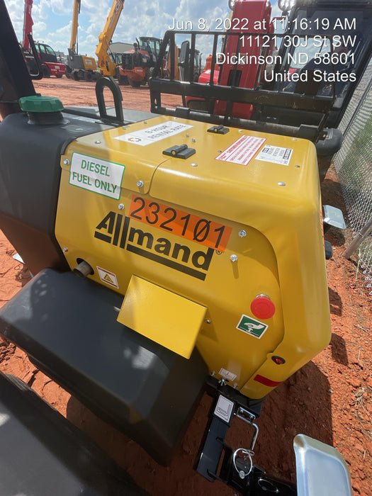 2022 Allmand NLV3GR (4) LED Light Fixture 350W, 23' Vertical Mast, 3kW Prime, Towable, Deep Sea L401, Leveling Jacks, Yanmar T4F 5.8hp