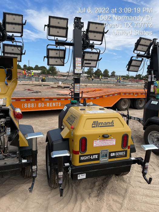 2022 Allmand NLV3GR (4) LED Light Fixture 350W, 23' Vertical Mast, 3kW Prime, Towable, Deep Sea L401, Leveling Jacks, Yanmar T4F 5.8hp