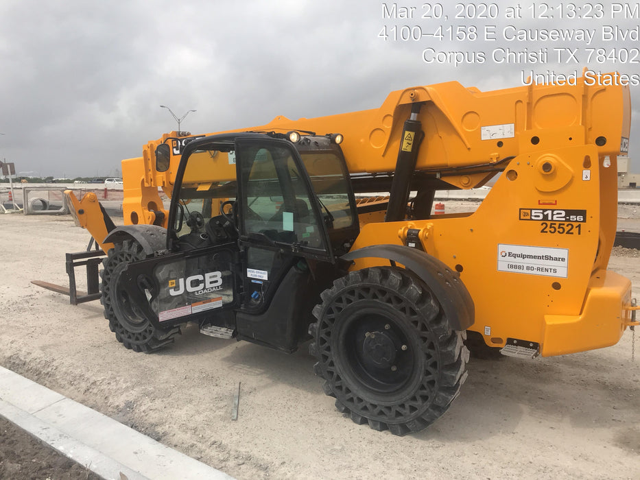 2019 JCB 512-56 109 HP w/CAB/HVAC, Beacon, Aux Hydraulics, Worklights, Solid Tires w/60" Carriage/Forks