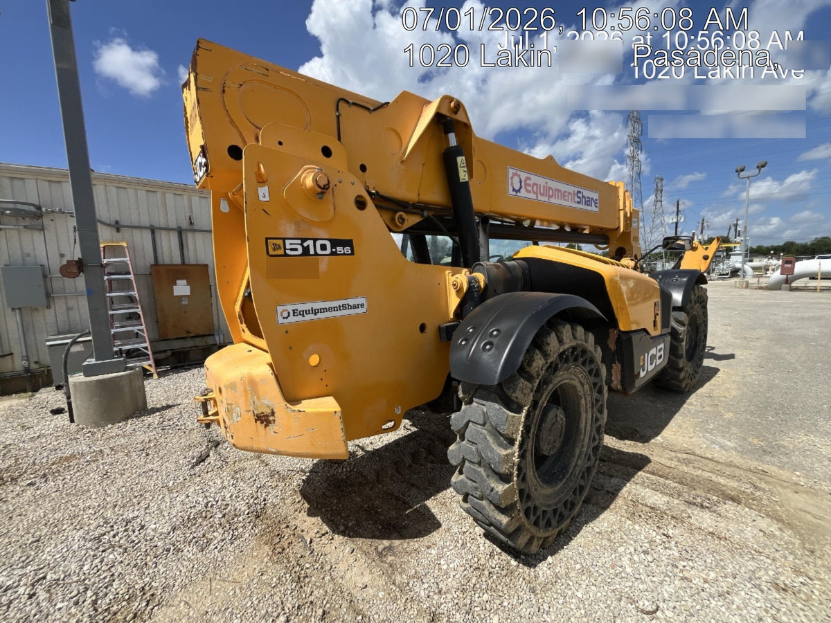 2019 JCB 510-56 Open ROPS, 74 HP, Solid Tires, Worklights, Beacon, Aux Hydraulics, Lifting Eye 72" Carriage/60" Forks