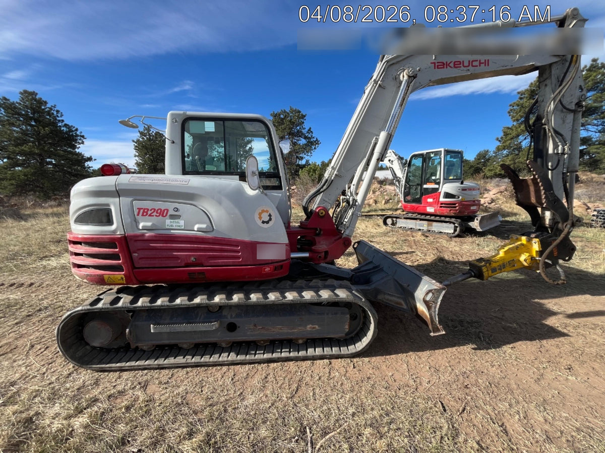 2019 Takeuchi TB290 Cab, AC, Rubber Tracks, Dozer Blade, Travel Alarm, Control Pattern Change Valve, Auxiliary Hydraulics w/18" Quick Coupler Bucket with teeth, 6.2 cu. ft. capacity/24" Quick Coupler Bucket with teeth, 8.6 cu. ft. capacity/36" Quick Coupler Bucket with teeth, 13.4 cu. ft. capacity, Quick Coupler, Hydraulic Thumb Installed