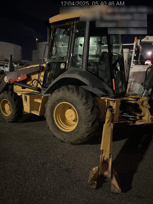 2019 John Deere 410L 4WD, CAB/HVAC, Standard Dipperstick, ISO Controls, Rear Aux Hydraulics, Manual QC w/1.5 Yd Bucket w/Forks, 24" Bucket