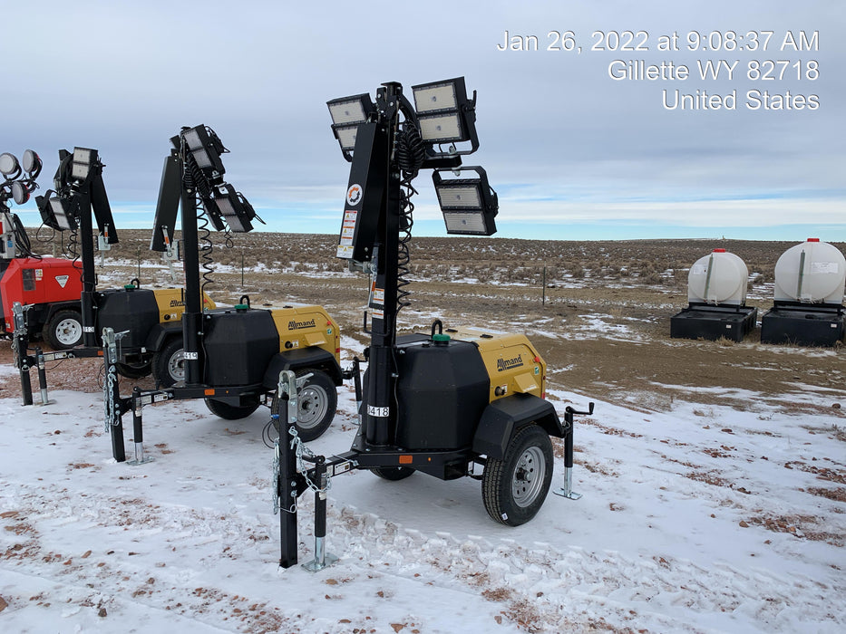 2022 Allmand NLV3GR (4) LED Light Fixture 350W, 23' Vertical Mast, 3kW Prime, Towable, Deep Sea L401, Leveling Jacks, Yanmar T4F 5.8hp