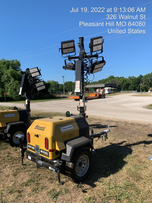 2022 Allmand NLV3GR (4) LED Light Fixture 350W, 23' Vertical Mast, 3kW Prime, Towable, Deep Sea L401, Leveling Jacks, Yanmar T4F 5.8hp