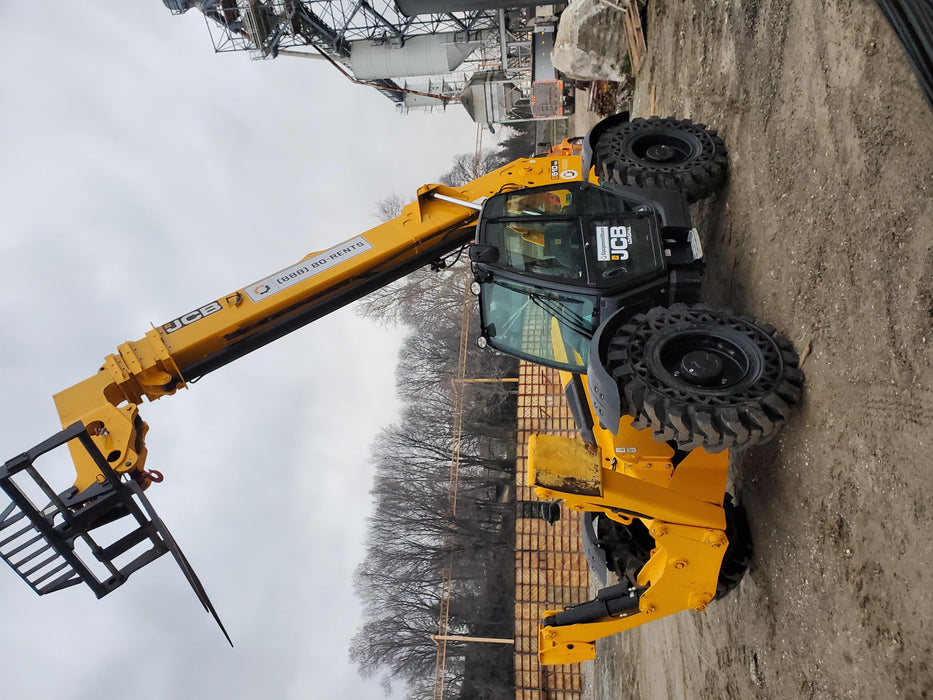 2019 JCB 510-56 Enclosed Cab, 74 HP, Solid Tires, Worklights, Beacon, Aux Hydraulics, Lifting Eye w/66" Carriage/60" Forks