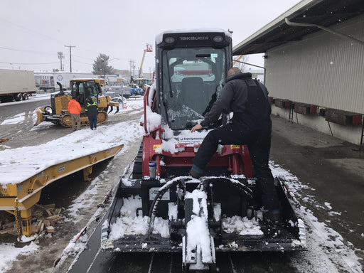 2019 Takeuchi TL10V2-CR Cab/Heat/AC, Rubber Tracks, Backup Alarm, Front & rear working Lights, Auxiliary Hydraulics, 2 Speed Travel, Engine Monitoring System, Hydraulic universal quick hitch w/76" HD dirt bucket with 8 teeth, 20.3 cubic feet capacity, 48" Pallet forks and frame