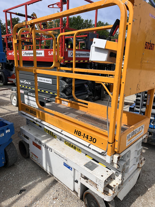 Custom Equipment HB-1430 <ul>
 <li>Hy-Brid Scissor Lift</li>
  <li>Platform capacity up to 670 lbs.</li>
  <li>Working height up to 20 ft</li>
  <li>Weighs under 1,700 lbs.</li>
  <li>Non-marking wheels </li>
</ul>