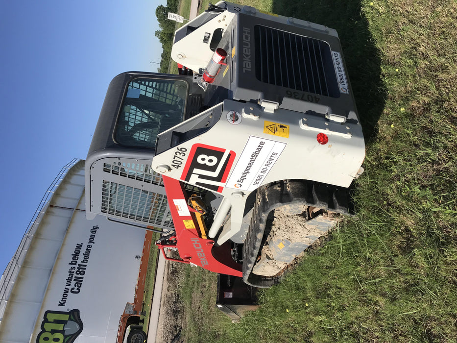 2019 Takeuchi TL8 Cab, Heat/AC, Defroster, 15" Wide Rubber Tracks, Back-up Alarm, Front & Rear Working Lights, Auxiliary Hydraulics, Two-Speed Travel, Electronic Monitoring System, Hydraulic Universal Quick Hitch 76" HD Smooth Dirt Bucket with Bolt-On Edge, 20.3 cubic feet Capacity