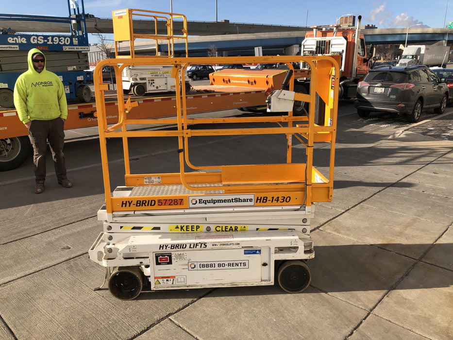 Custom Equipment HB-1430 Hy-Brid Scissor Lift
Platform capacity up to 670 lbs
Working height up to 20 ft
Weighs under 1,700 lbs
Non-marking wheels