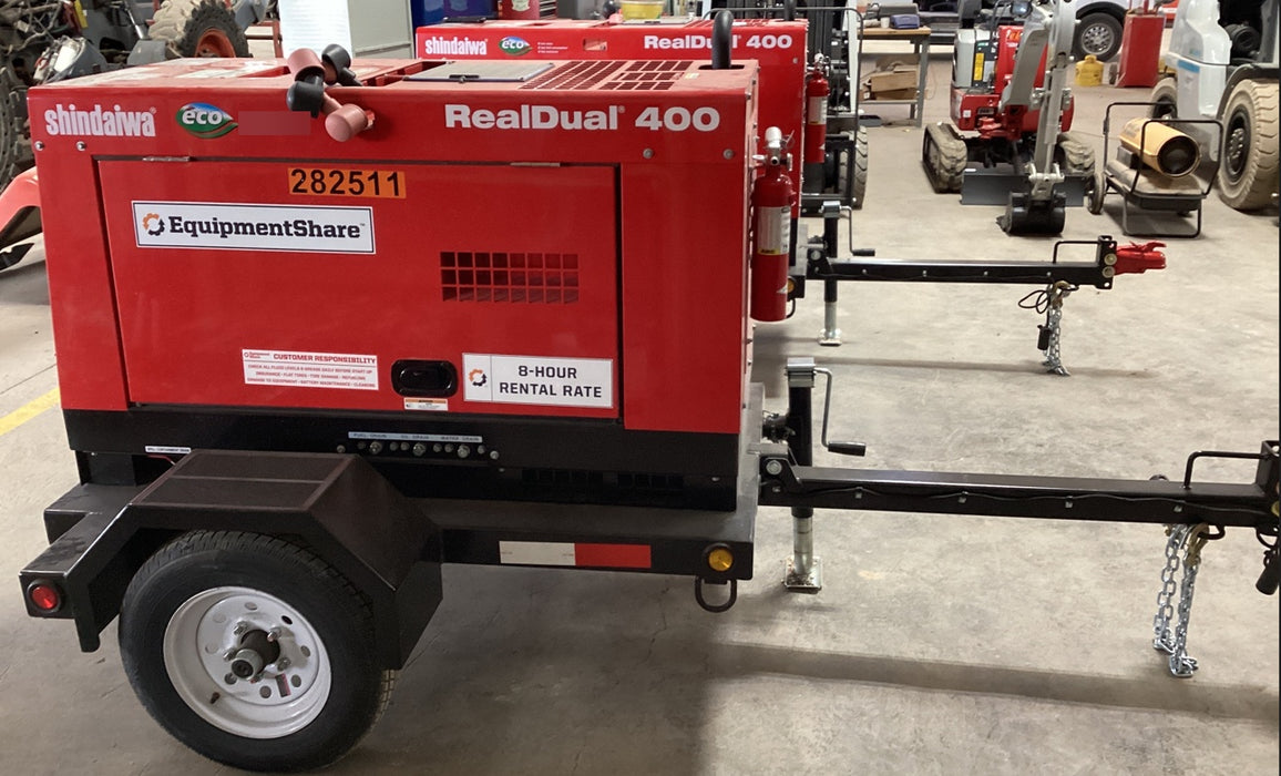 2022 Shindaiwa DGW400MDL Kubota D902 Engine, 23 HP, Dual Op Welder, Wire, Arc, Droop Stick, Tig, and CC Stick Functionality, Simulphase, 3 Phase and 1 Phase Gen Output, Single Axle NB Trlr, Slr Trckl Chrg 12V 12W, Fire Ext