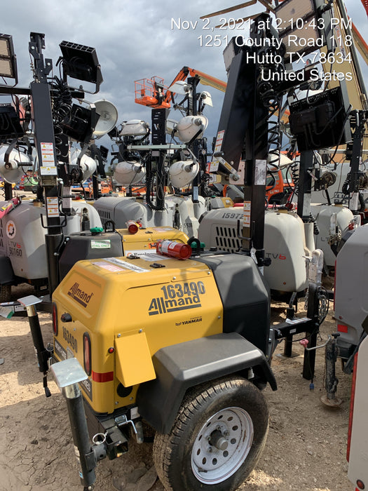 2021 Allmand NLV3GR (4) LED Light Fixture 350W, 23' Vertical Mast, 3kW Prime, Towable, Deep Sea L401, Leveling Jacks, Yanmar T4F 5.8hp