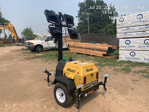 2021 Allmand NLV3GR (4) LED Light Fixture 350W, 23' Vertical Mast, 3kW Prime, Towable, Deep Sea L401, Leveling Jacks, Yanmar T4F 5.8hp