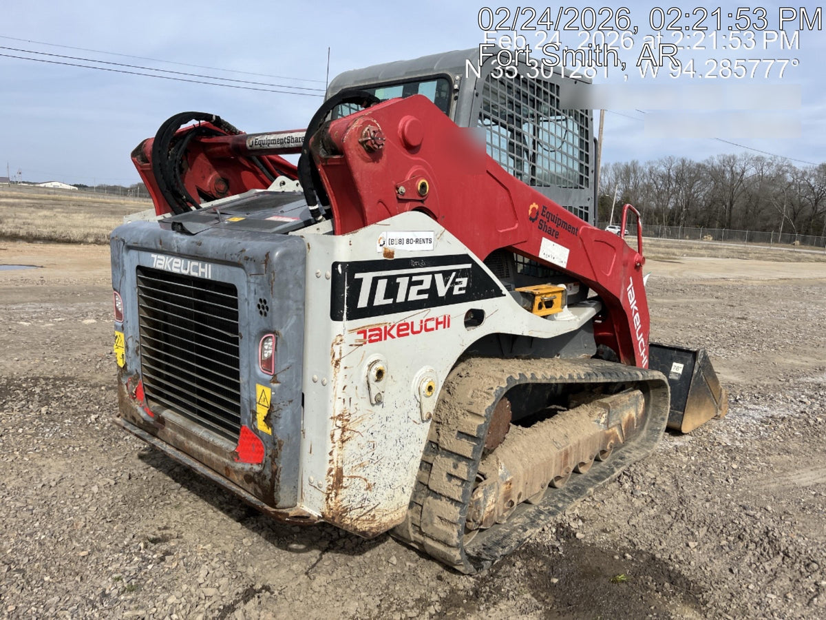 2019 Takeuchi TL12V2C Cab/Heat/Air w/Auxiliary Hydraulics, 2 Speed, Hydraulic QC 80" Tooth Bucket, 48" Pallet Forks