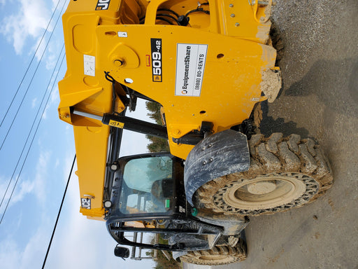 2019 JCB 509-42 74 HP w/Open ROPS, Beacon, Aux Hydraulics, LED Work lights, Solid Tires 66" Carriage/60" Forks