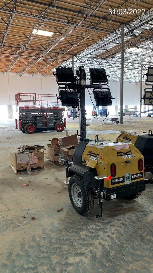 2022 Allmand NLV3GR (4) LED Light Fixture 350W, 23' Vertical Mast, 3kW Prime, Towable, Deep Sea L401, Leveling Jacks, Yanmar T4F 5.8hp