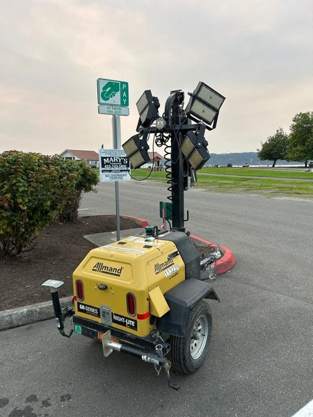 2020 Allmand NLV3GR (4) LED Light Fixture 350W, 23' Vertical Mast, 3kW Prime, Towable, Deep Sea L401, Leveling Jacks, Yanmar T4F 5.8hp