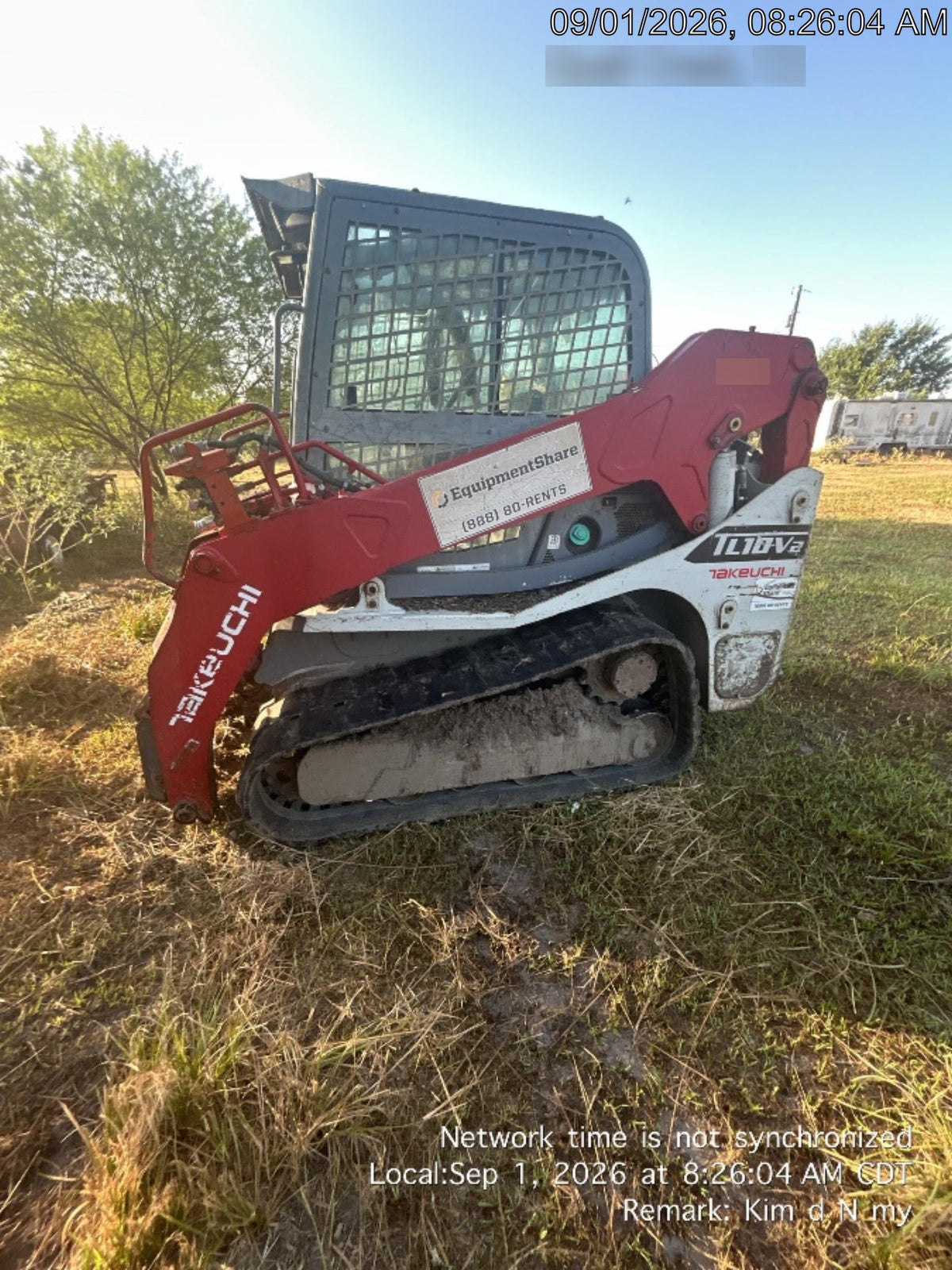 2019 Takeuchi TL10V2-CR Cab/Heat/AC, Rubber Tracks, Backup Alarm, Front & rear working Lights, Auxiliary Hydraulics, 2 Speed Travel, Engine Monitoring System, Hydraulic universal quick hitch w/76" HD smooth dirt bucket with bolt-on edge, 20.3 cubic feet capacity, 48" Pallet forks and frame