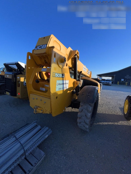 2019 JCB 509-42 74 HP w/Open ROPS, Beacon, Aux Hydraulics, LED Work lights, Solid Tires 66" Carriage/60" Forks