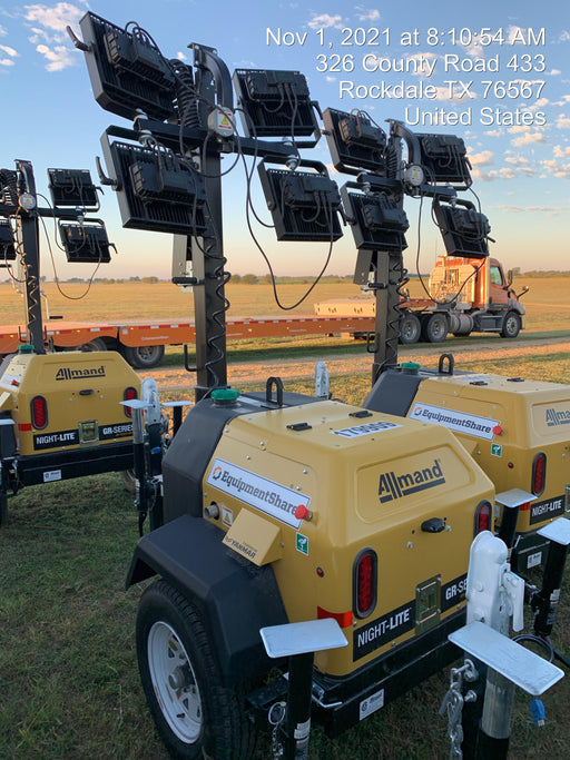 Allmand NLV3GR (4) LED Light Fixture 350W, 23' Vertical Mast, 3kW Prime, Towable, Deep Sea L401, Leveling Jacks, Yanmar T4F 5.8hp