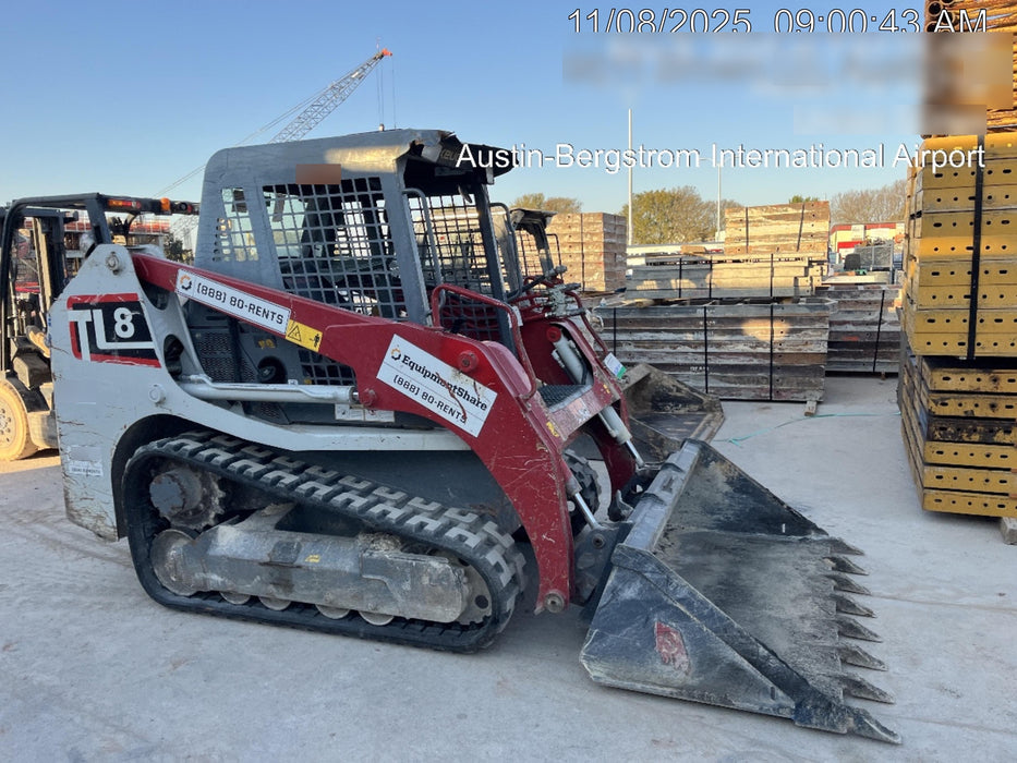 2019 Takeuchi TL8W Canopy, 15" Wide Rubber Tracks, Back-up Alarm, Front & Rear Working Lights, Auxiliary Hydraulics, Two-Speed Travel, Electronic Monitoring System w/76" HD Dirt Bucket with 8 Teeth, 20.3 cubic feet Capacity