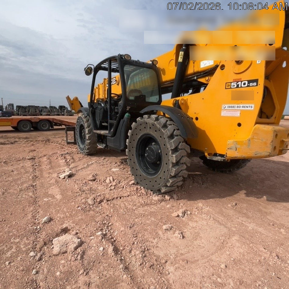 2019 JCB 510-56 74 HP w/Open ROPS, Beacon, Aux Hydraulics, Worklights, Solid Tires w/60" Carriage/Forks