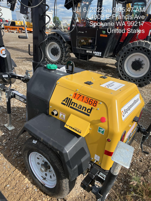 2021 Allmand NLV3GR (4) LED Light Fixture 350W, 23' Vertical Mast, 3kW Prime, Towable, Deep Sea L401, Leveling Jacks, Yanmar T4F 5.8hp