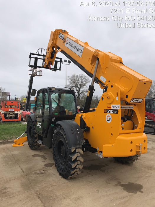 2020 JCB 510-56 Cab/Heat/Air, 74 HP, Solid Tires, STD Worklight, Beacon, Aux Hydraulics, Lifting Eye, Back up Alarm w/66" Carriage/60" Forks