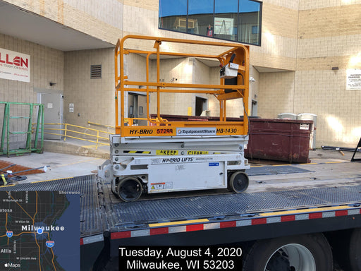Custom Equipment HB-1430 <ul>
 <li>Hy-Brid Scissor Lift</li>
  <li>Platform capacity up to 670 lbs.</li>
  <li>Working height up to 20 ft</li>
  <li>Weighs under 1,700 lbs.</li>
  <li>Non-marking wheels </li>
</ul>