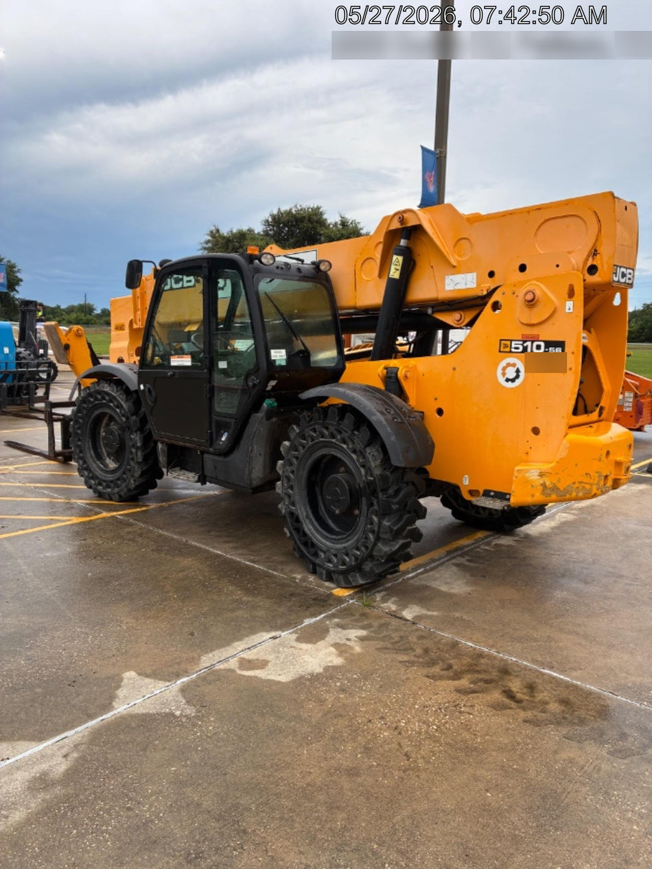2019 JCB 510-56 Enclosed Cab, 74 HP, Solid Tires, Worklights, Beacon, Aux Hydraulics, Lifting Eye w/66" Carriage/60" Forks