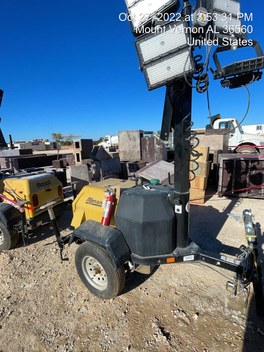 2022 Allmand NLV3GR (4) LED Light Fixture 350W, 23' Vertical Mast, 3kW Prime, Towable, Deep Sea L401, Leveling Jacks, Yanmar T4F 5.8hp