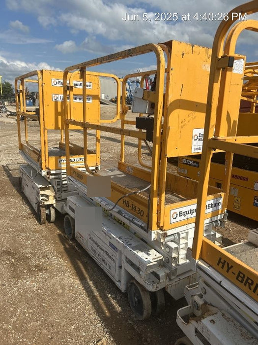 Custom Equipment HB-1430 <ul>
 <li>Hy-Brid Scissor Lift</li>
  <li>Platform capacity up to 670 lbs.</li>
  <li>Working height up to 20 ft</li>
  <li>Weighs under 1,700 lbs.</li>
  <li>Non-marking wheels </li>
</ul>