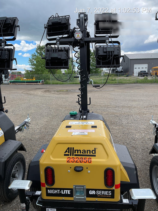 2022 Allmand NLV3GR (4) LED Light Fixture 350W, 23' Vertical Mast, 3kW Prime, Towable, Deep Sea L401, Leveling Jacks, Yanmar T4F 5.8hp