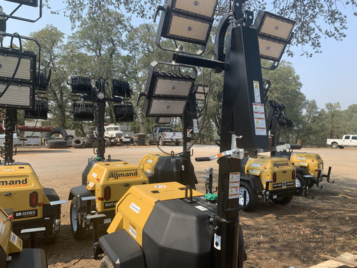 Allmand NLV3GR (4) LED Light Fixture 350W, 23' Vertical Mast, 3kW Prime, Towable, Deep Sea L401, Leveling Jacks, Yanmar T4F 5.8hp