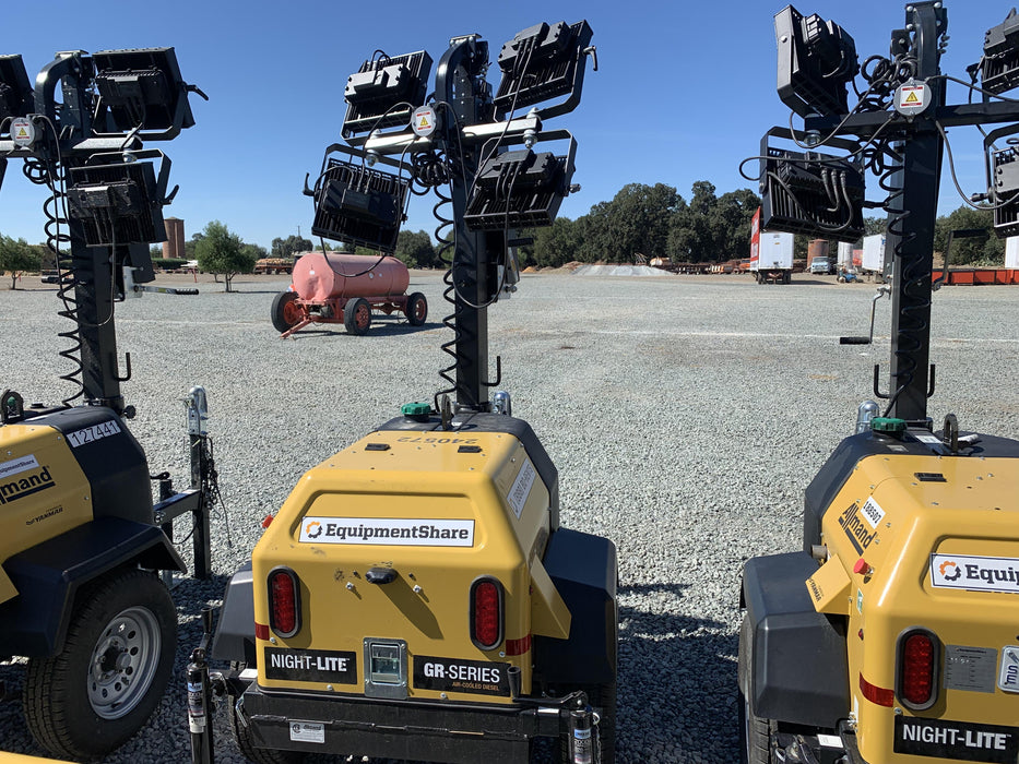 2022 Allmand NLV3GR (4) LED Light Fixture 350W, 23' Vertical Mast, 3kW Prime, Towable, Deep Sea L401, Leveling Jacks, Yanmar T4F 5.8hp