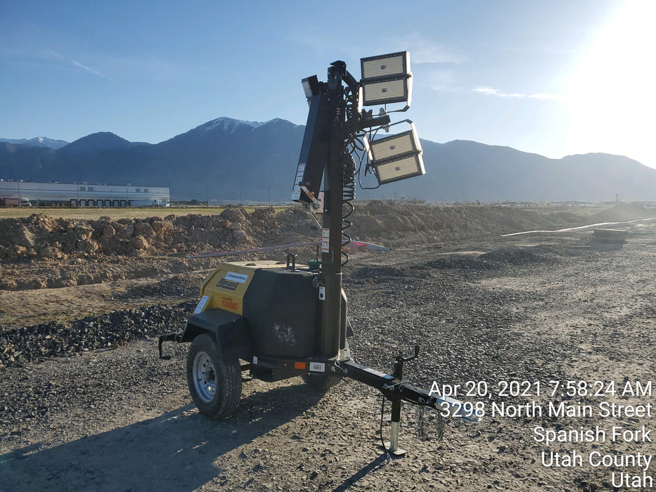 Allmand NLV3GR (4) LED Light Fixture 350W, 23' Vertical Mast, 3kW Prime, Towable, Deep Sea L401, Leveling Jacks, Yanmar T4F 5.8hp