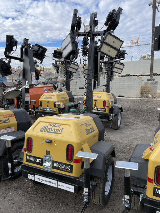 2021 Allmand NLV3GR (4) LED Light Fixture 350W, 23' Vertical Mast, 3kW Prime, Towable, Deep Sea L401, Leveling Jacks, Yanmar T4F 5.8hp