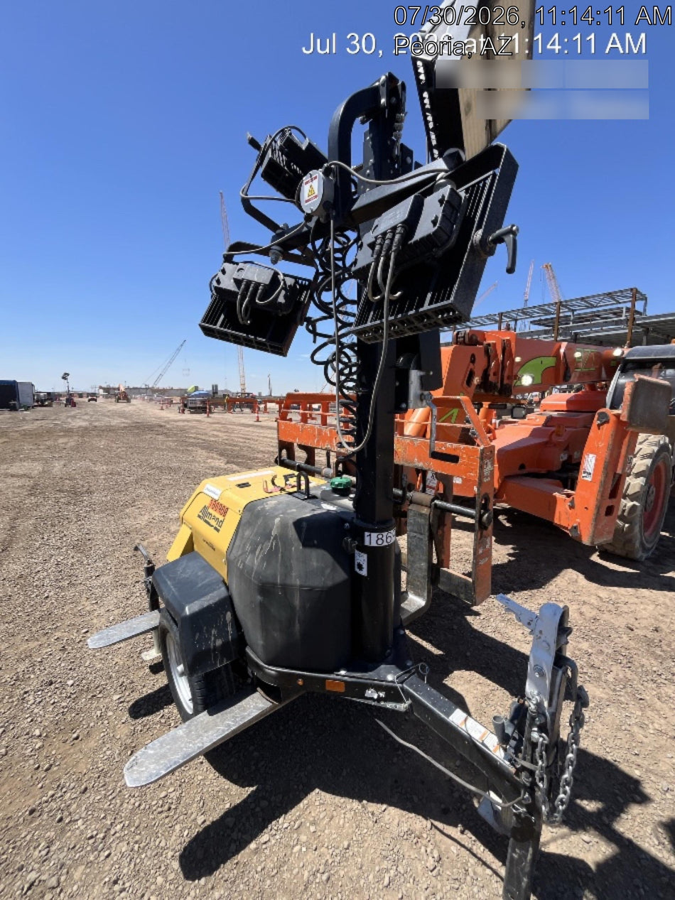 Allmand NLV3GR (4) LED Light Fixture 350W, 23' Vertical Mast, 3kW Prime, Towable, Deep Sea L401, Leveling Jacks, Yanmar T4F 5.8hp