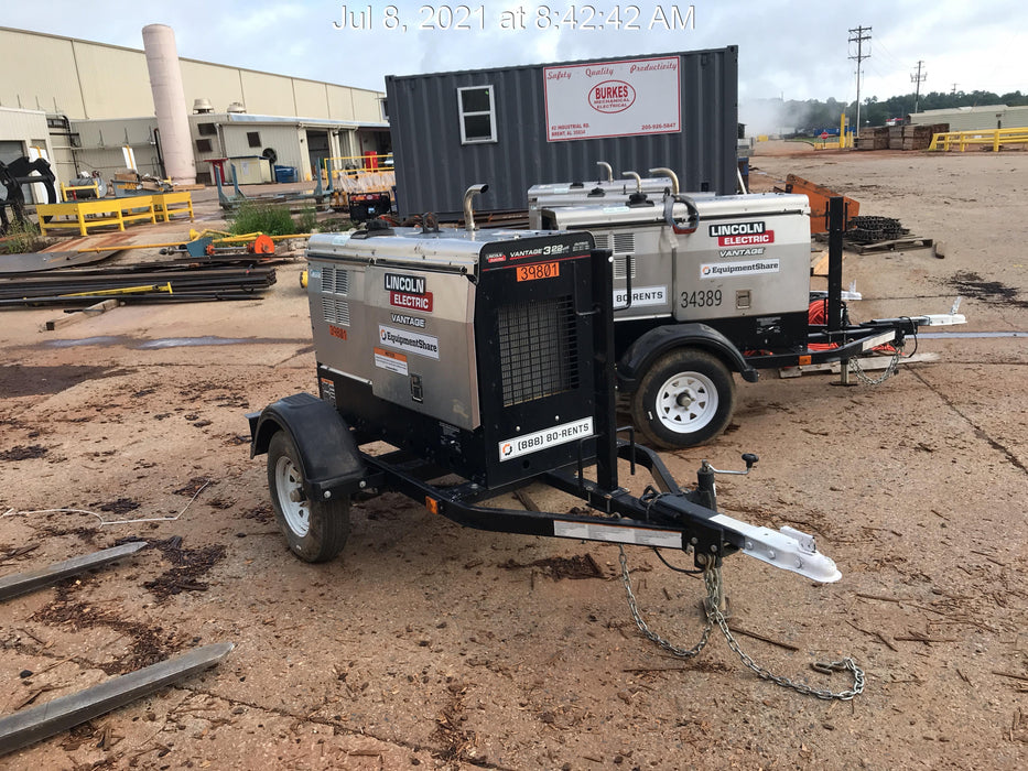 2019 Lincoln Electric Vantage 322 Welder Ready-Pak 3, Two wheel trailer, Fender and Light kit, Cable Rack