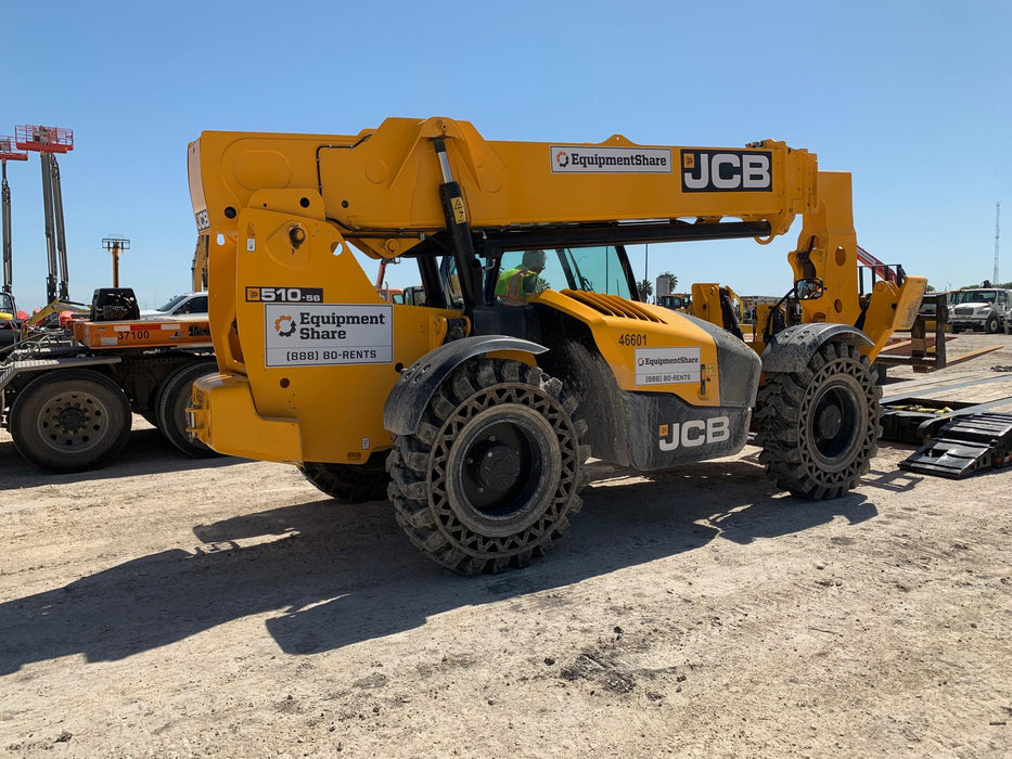 2019 JCB 510-56 Enclosed Cab, 74 HP, Solid Tires, Worklights, Beacon, Aux Hydraulics, Lifting Eye w/66" Carriage/60" Forks