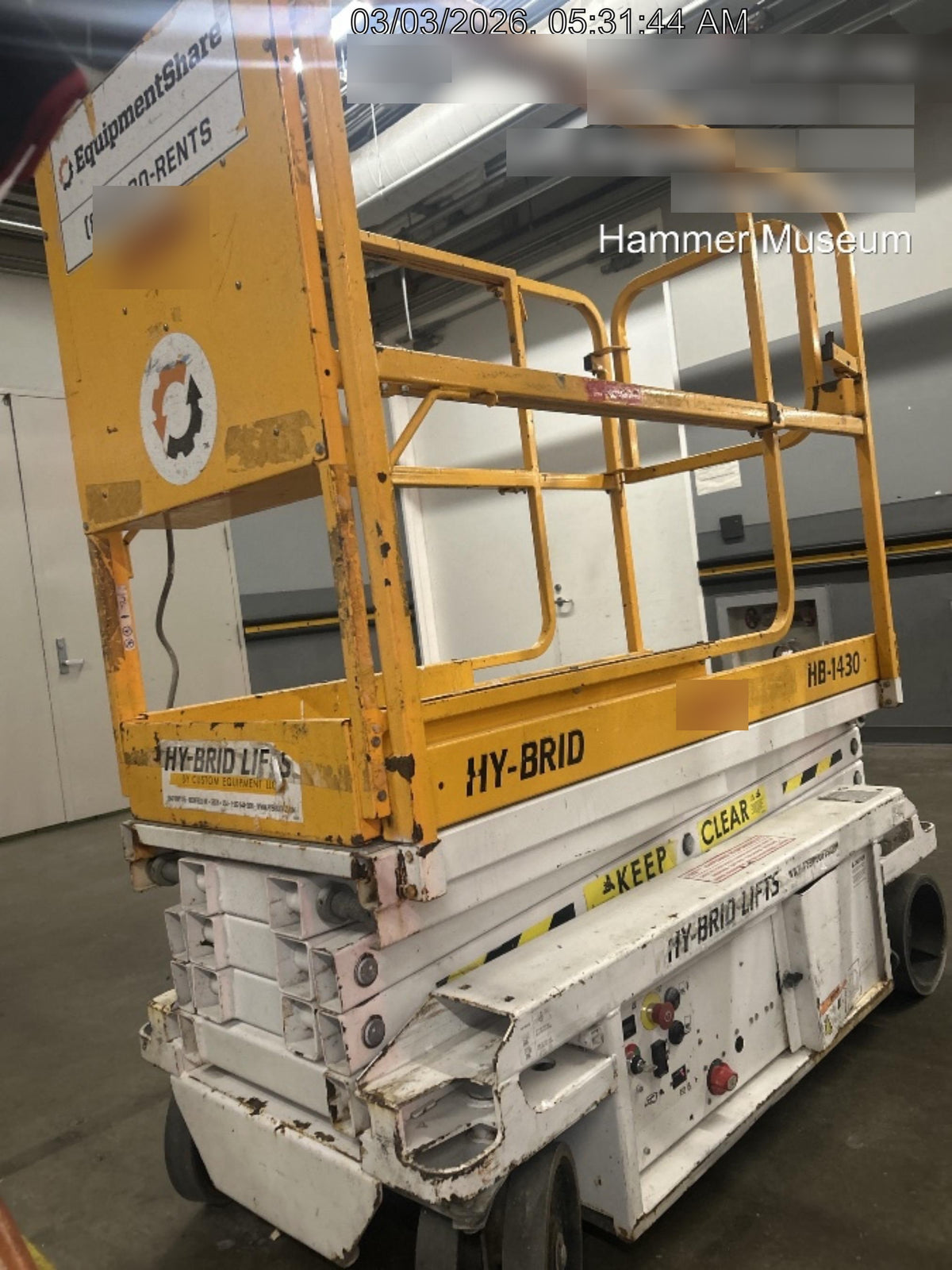 Custom Equipment HB-1430 <ul>
 <li>Hy-Brid Scissor Lift</li>
  <li>Platform capacity up to 670 lbs.</li>
  <li>Working height up to 20 ft</li>
  <li>Weighs under 1,700 lbs.</li>
  <li>Non-marking wheels </li>
</ul>