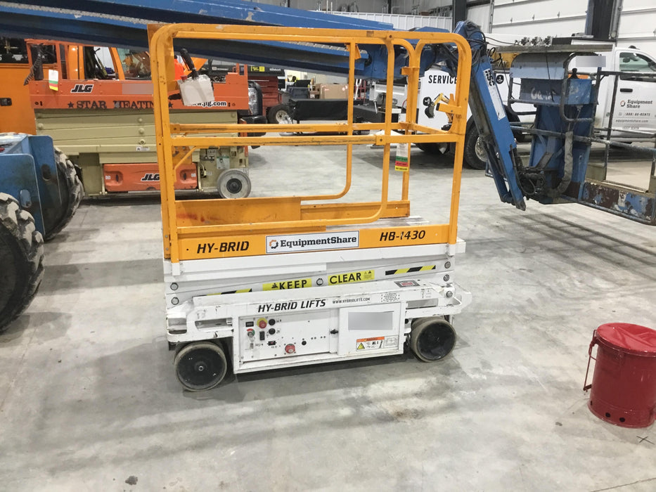 Custom Equipment HB-1430 Hy-Brid Scissor Lift
Platform capacity up to 670 lbs
Working height up to 20 ft
Weighs under 1,700 lbs
Non-marking wheels