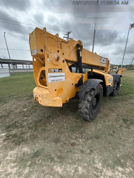 2019 JCB 512-56 109 HP w/Open ROPS, Beacon, Aux Hydraulics, Worklights, Solid Tires w/66" Carriage/60" Forks