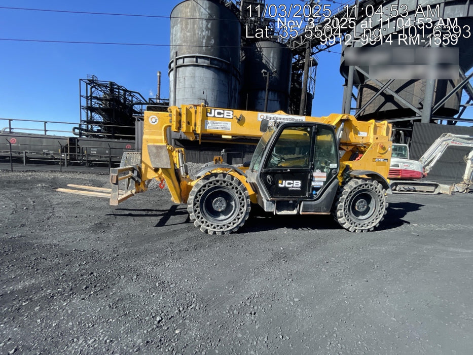 2019 JCB 512-56 109 HP w/CAB/HVAC, Beacon, Aux Hydraulics, Worklights, Solid Tires w/60" Carriage/Forks