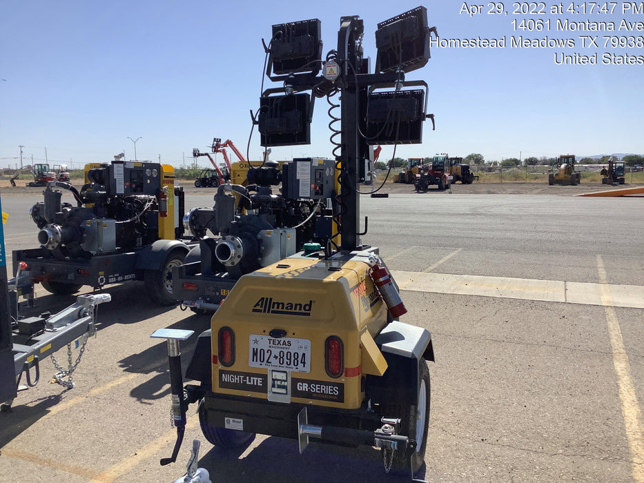 2021 Allmand NLV3GR (4) LED Light Fixture 350W, 23' Vertical Mast, 3kW Prime, Towable, Deep Sea L401, Leveling Jacks, Yanmar T4F 5.8hp