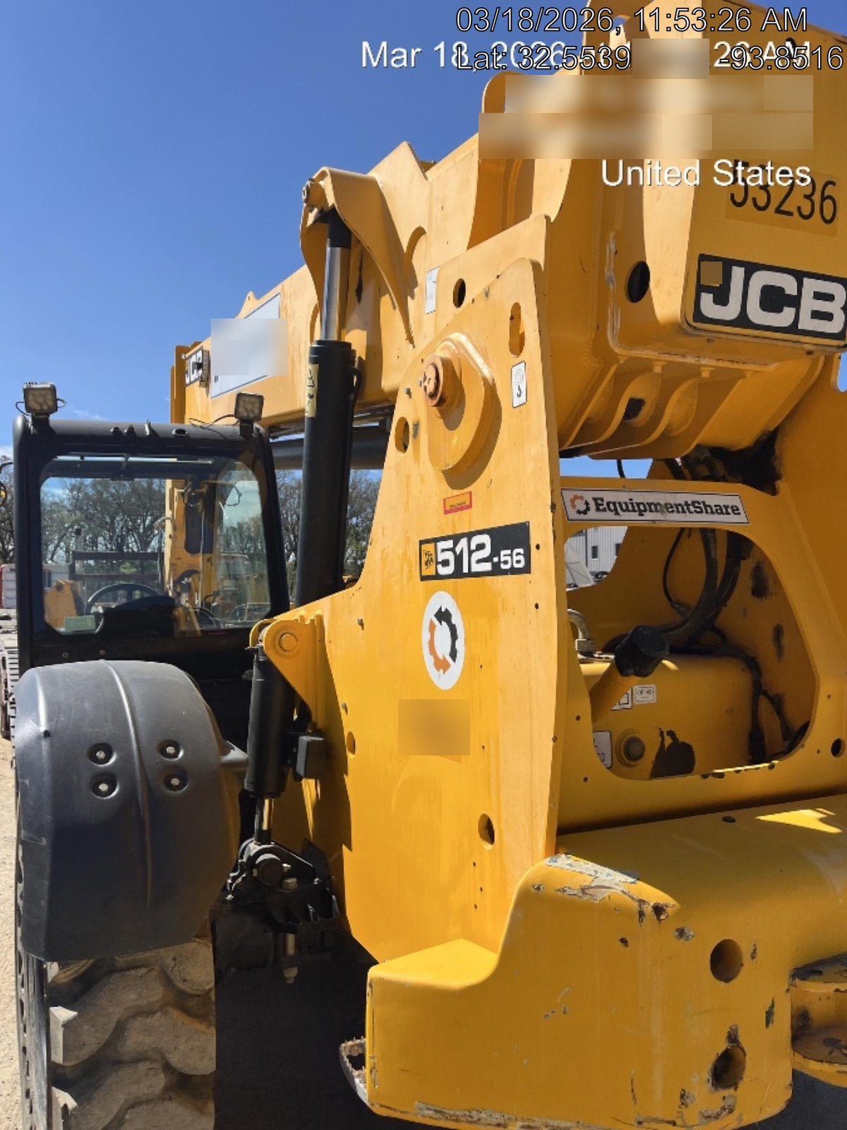 2019 JCB 512-56 Canopy, 109 HP, Solid Tires, STD Worklight, Beacon, Aux Hydraulics, Lifting Eye, Back up Alarm w/66" Carriage/60" Forks