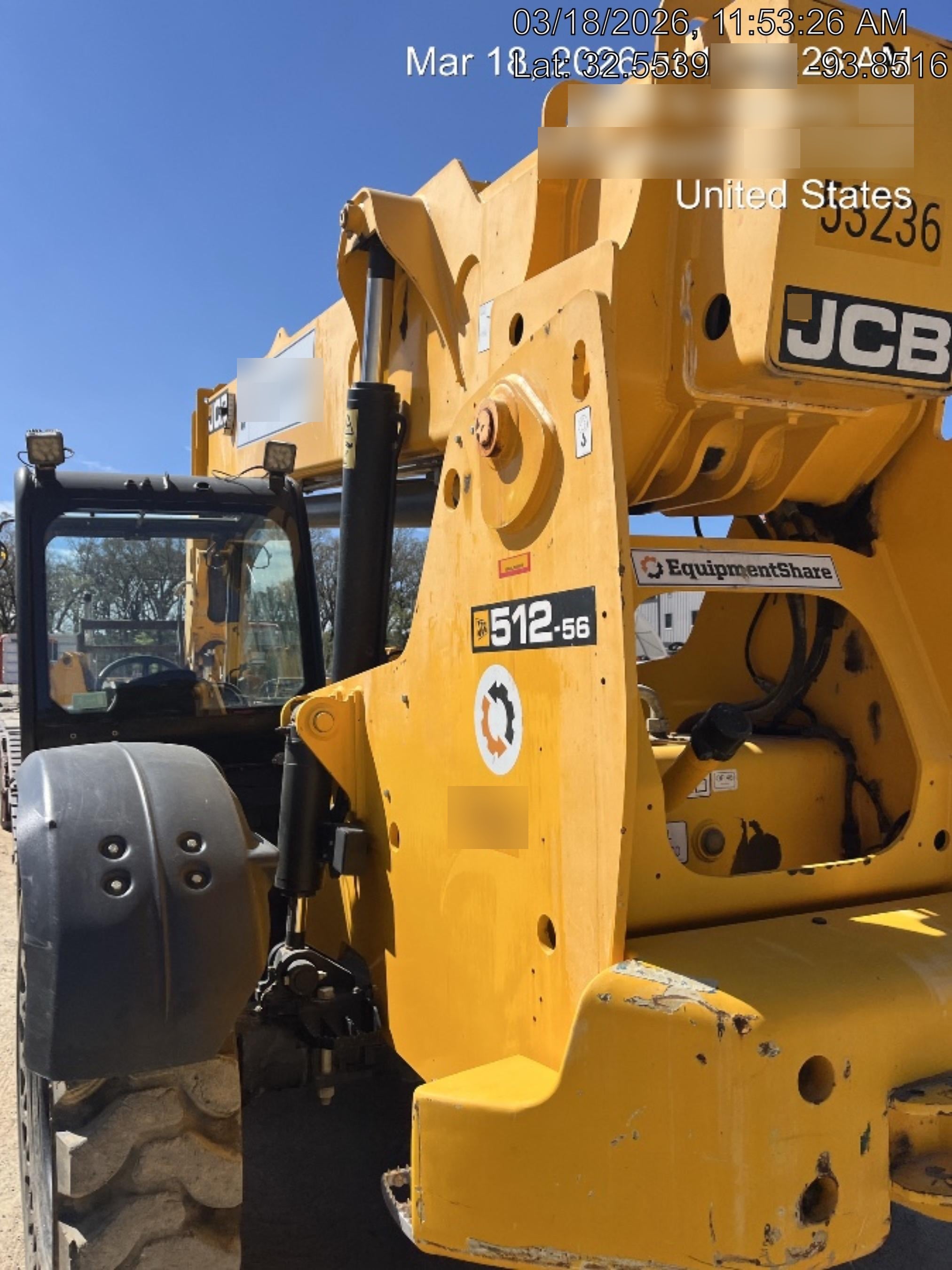 2019 JCB 512-56 Canopy, 109 HP, Solid Tires, STD Worklight, Beacon, Aux Hydraulics, Lifting Eye, Back up Alarm w/66" Carriage/60" Forks