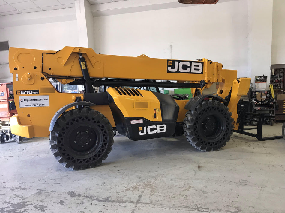2019 JCB 510-56 74 HP w/CAB/HVAC, Beacon, Worklights, Aux Hydraulics, Solid Tires 72" Carriage/60" Forks