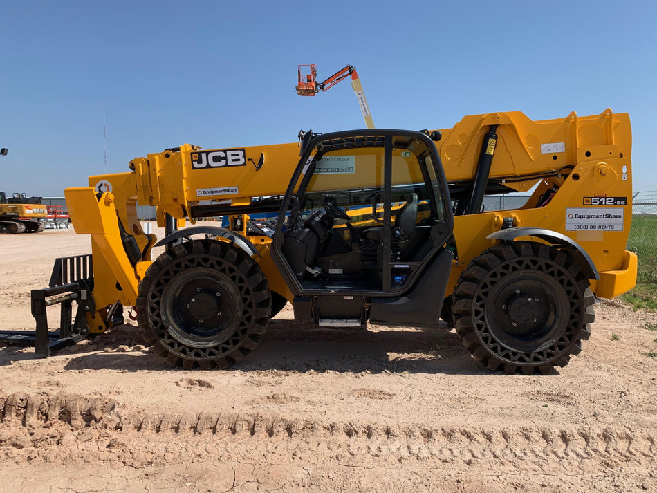 2019 JCB 512-56 109 HP w/Open ROPS, Beacon, Aux Hydraulics, Worklights, Solid Tires w/66" Carriage/60" Forks