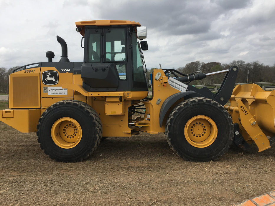 2019 John Deere 524L Cab/Heat/AIR, 3rd Function Hydraulics, Hydraulic JRB QC 2.75 Yd. Bucket, 60" Carriage/72" Forks