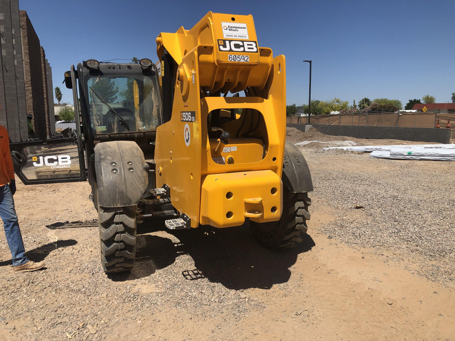 2020 JCB 506-36 Cab/Heat/Air, 74 HP, Solid Tires, STD Worklight, Beacon, Aux Hydraulics, Lifting Eye, Back up Alarm w/48" Carriage/48" Forks